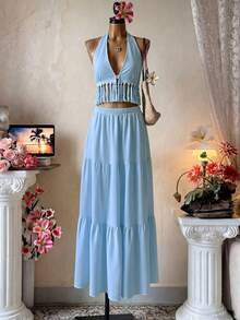 SHEIN Clasi Women's 2 Pieces Set Light Blue Strapless Back Tie Bustier Top Ruffle Trim Elastic Waist Layered Skirt Tropical Boho Beach Vacation Summer Outfit - Blue - View 3