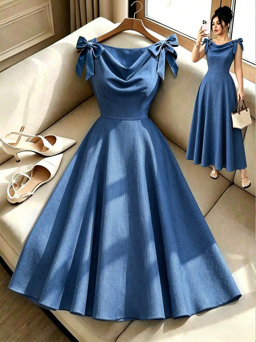 Selianne Shoulder Strap Bowknot Solid Color Woven Linen Textured Back Waist Gathered A-Line Skirt 70s Women's Mid-Length Dress Brunch Dusty Blue Summer - Blue - View 1