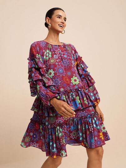 LOTSLUV Women's Early Autumn Casual Commute, Burgundy Floral Print, Round Neck Long Sleeve Ruffle Hem Loose Casual Dress