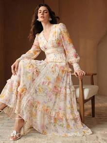 Anewsta New Fashion Romantic Ruffle Trim Patchwork V-Neck Puff Long Sleeve Vacation Holiday Outfit Long Women's Summer Dress - Apricot - View 3