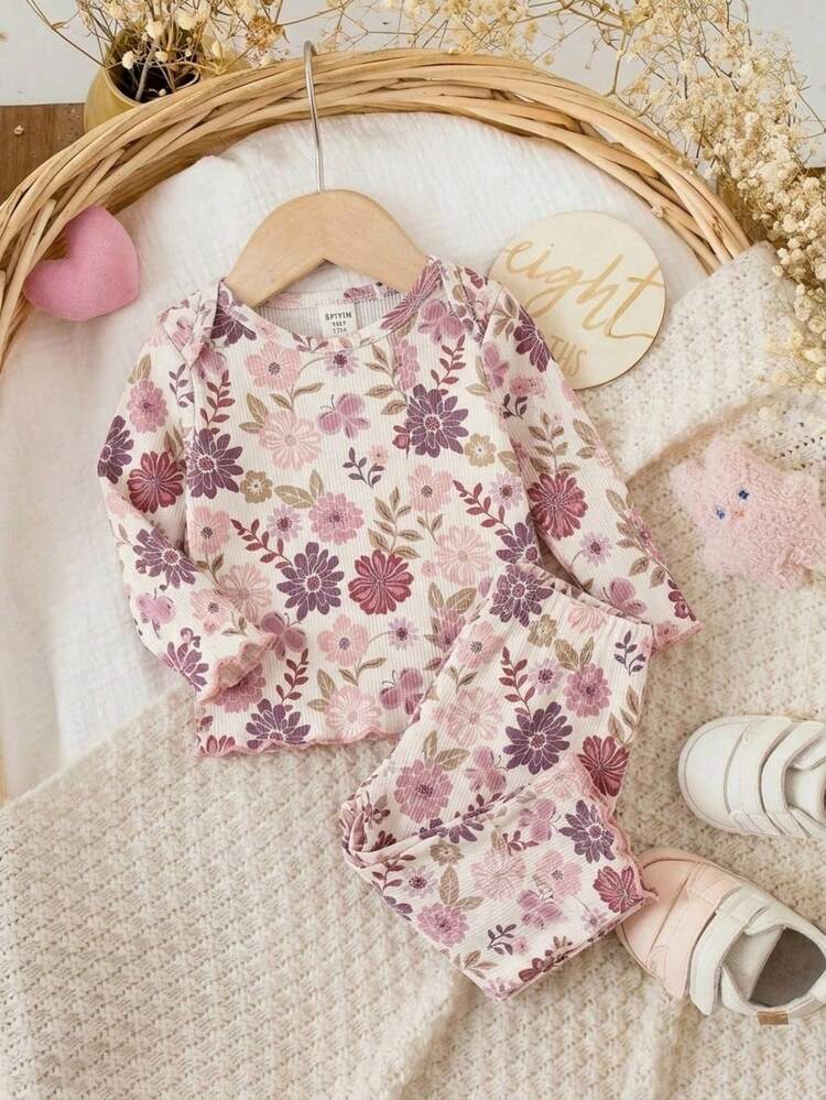 Newborn Baby Girl Cute Cartoon & Floral Pattern Long Sleeve Loungewear Set - Multicolor - View 5