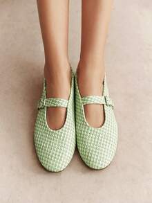 Rosivie Zapatos Mary Jane tejidos franceses, punta redonda con suela plana, estilo retro para uso diario y desplazamientos, zapatos de mujer con vampo bajo - Verde claro - Ver 5
