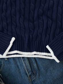 SHEIN 1件女童毛衣，時尚復古麻花編織，黑色滾邊修身百搭V領，小馬刺繡圖案，極簡休閒風，常規厚度配整齊下擺，適合日常穿著、外出、戶外聚會、派對等，秋冬穿搭 - 藏蓝色 - 查看 7