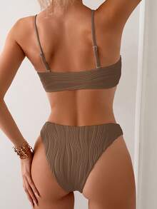 SHEIN Swim Conjunto de bikini con busto fruncido de unicolor simple para mujer, adecuado para la playa y vacaciones - Café integral - Ver 2