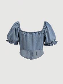 Sweetra Women's Plus Size Tie-Front Petal Sleeve Cropped Denim Top, Summer - Light Wash - View 2