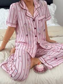 Napfluff Women's Standard Size Striped Star Cake Print Short Sleeve & Long Pants Pajama Set, Asian Cute Style, Suitable For Home And Outdoor Wear - Pink - View 5