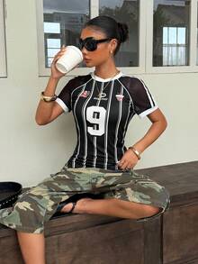 Muchica Women's Street Fashion Digital Black And White Striped Print Colorblock Round Neck Slim Fit T-Shirt School Casual Sports Streetwear Graphic Tee Top - Black - View 7