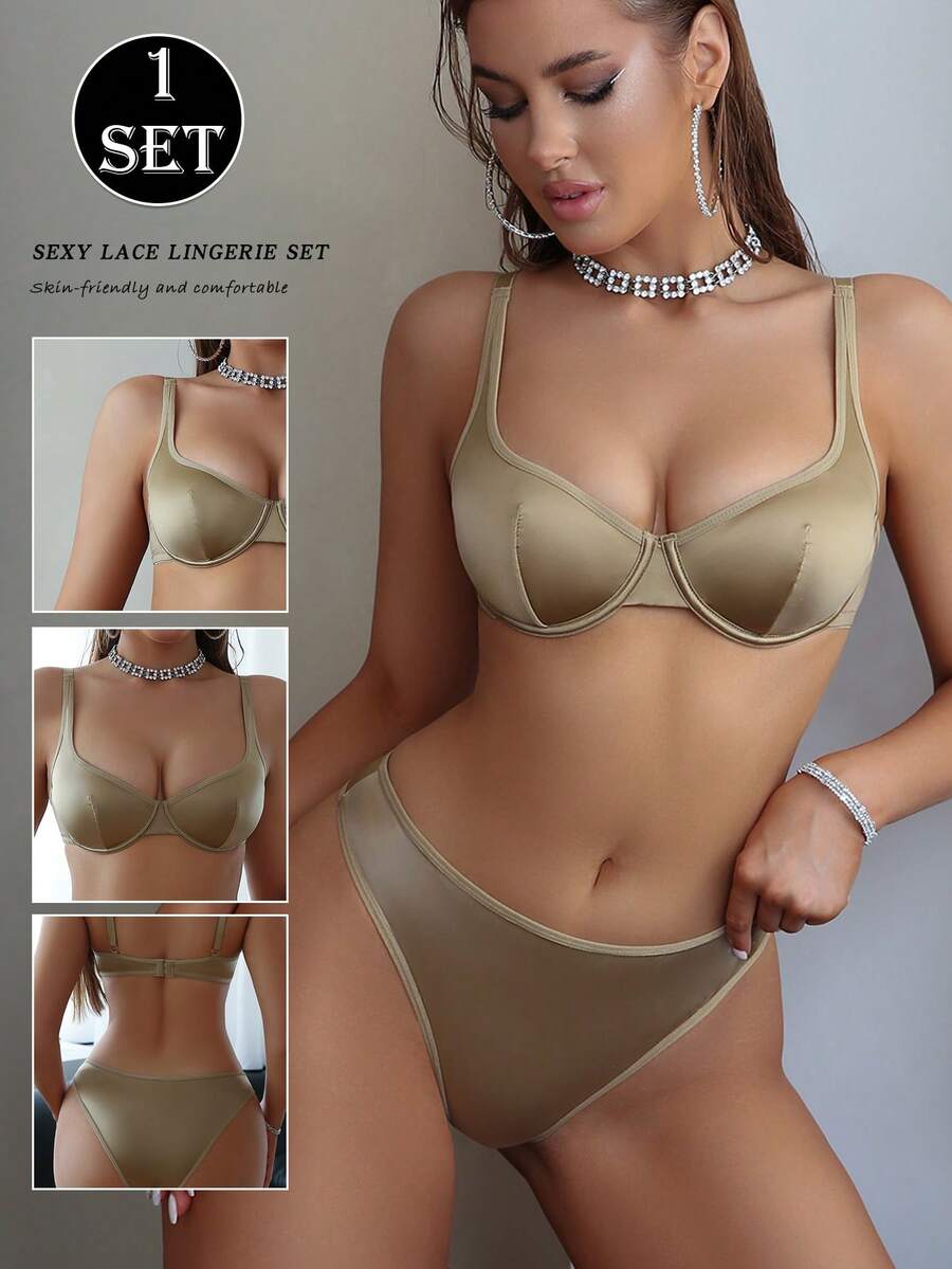 SHEIN 2pcs Underwire Bra And Panty Set - Yellow - View 1