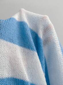 Elamini Heart Pattern Short Sleeve Cropped Women Knit Top For Summer Back-To-School Everyday Graduation School Blue And White Stripe Y2k - Blue and White - View 8