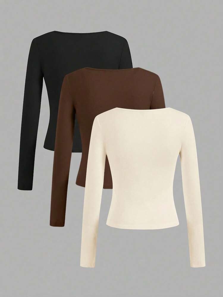SHEIN EZwear 3pcs Slim Fit Women Long Sleeve Casual T-Shirts, Suitable For Summer Autumn And Winter - Multicolor - View 2