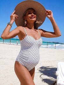 SHEIN 26SS 夏季海灘度假復古圓點鋼圈基本款休閒孕婦連身泳衣 - 彩色 - 查看 3