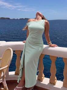 GalTyme Plus Size Women's Asymmetrical Shoulder Ruched Slit Design Casual Party Dress - Green - View 4