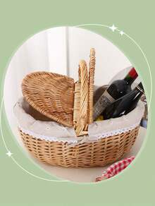 1pc Handwoven Wicker Picnic Basket – Double Lid Storage Hamper With Handle, Natural Willow Fruit Basket For Camping, Shopping, Wedding Decor, Farmhouse Storage - multicolor - View 5
