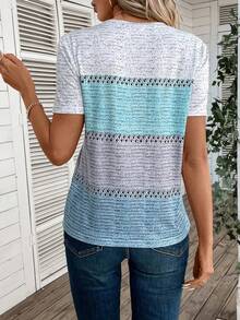 EMERY ROSE V-Neck Color Block Short Sleeve T-Shirt Graphic Tees Women Tops - Multicolor - View 2