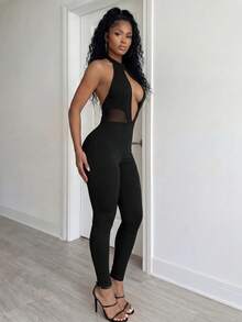 BamGleam Spring Summer Casual Halloween Daily Party Elegant Sexy Black Lace Splicing Cut-Out Women's Jumpsuit Romper Club Night Out - Black - View 4