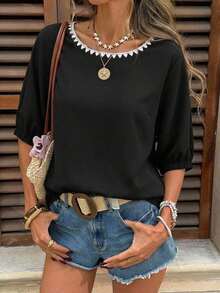 SHEIN LUNE Women's Pure Cotton Shell Lace Embroidered 3/4 Sleeve Black And White Checkered Blouse Vacation Summer Casual - Black - View 2