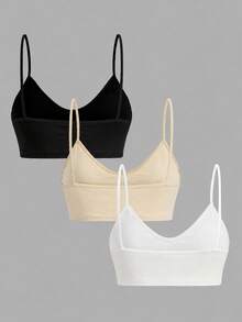 SHEIN Girlism 兒童青少年女孩黑色白色卡其色3件式多件套裝，簡約V領背心、墊肩內衣與賽車背內褲套組，舒適素色，春夏居家，Clean Girl/美式女孩風 - 卡其色 - 查看 2