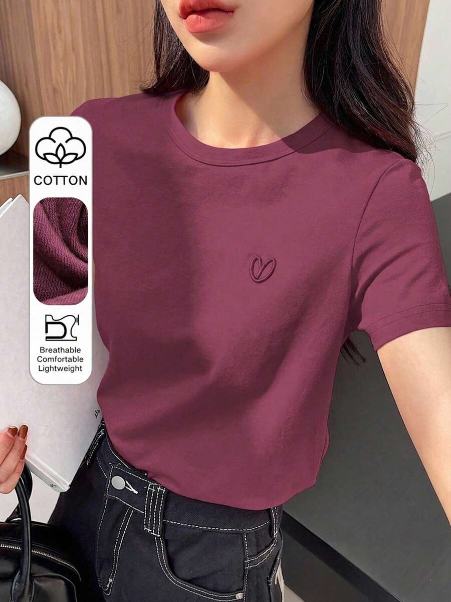 DAZY Áo thun tay ngắn thêu hình trái tim màu trơn mùa hè, trang phục công sở thường ngày cho nữ - Màu tím - Xem 1