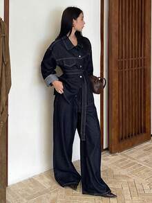 DAZY Jaket Denim Wanita Longgar Warna Asli dengan Sabuk Pinggang dan Celana Panjang Set Streetwear Kasual Musim Gugur untuk Sehari-hari Saat Beraktivitas di Luar Ruangan Warna Biru Tua - Dark Wash - View 4