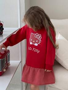 HELLO KITTY | DAZY Patchwork Design KT Cat Embroidered Loose Fit Long Sleeve Autumn/Winter Young Girls' Dress - Burgundy - View 6