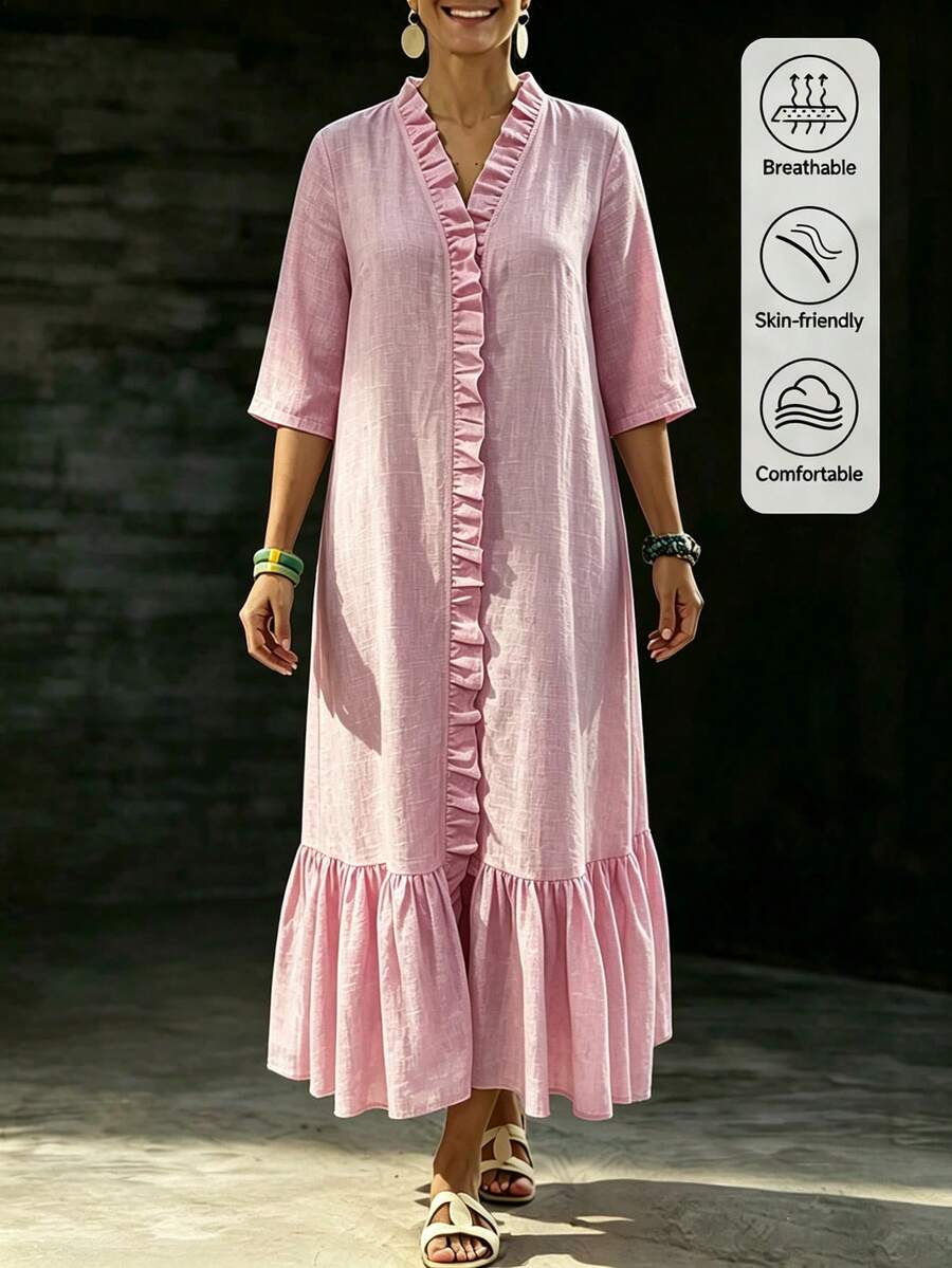 SHEIN LUNE CURVE Plus Size Women's Commute, Casual, Elegant 3/4 Sleeve Ruffle Trim Long Dress, Loose Fit, Crinkle Fabric, Pink, Suitable For Spring/Summer, Easter, Elegant Summer Holiday Outfit - Pink - View 1