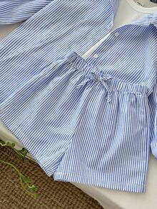 SHEIN LMoss Kids 3件套女童条纹宽松休闲衬衫、纯色针织背心和条纹短裤套装 - 藍白色 - 查看 6