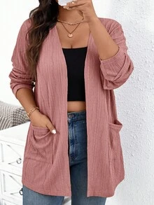 SHEIN Essnce Chaqueta de talla grande casual de otoño de unicolor con doble bolsillo - Rosa vieja - Ver 3