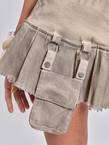 ROMWE Rok Denim Lipit Model A-Line Gaya Grunge Y2K Musim Panas - Khaki - View 2