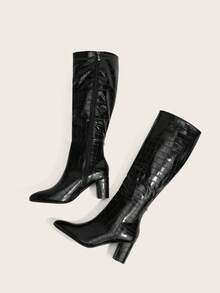 Enchnt Women Crocodile Embossed Side Zipper Chunky Heeled Boots, Fashion Outdoor Boots Dress,Style With Dress - Black - View 5