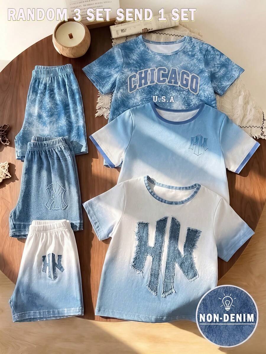 1 Random Set From 3 Designs,Boys Fashion Letter Series Graphic Print Casual Crew Neck Short Sleeve T-Shirt And Shorts Set, Simple,School Clothes - Multicolor - View 1