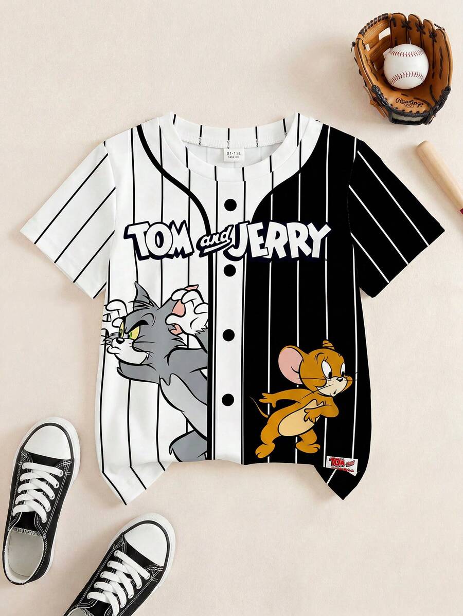 TOM & JERRY X SHEIN 男童休闲时尚街头风格卡通字母图案黑白条纹短袖T恤,夏季 - 白色 - 查看 1