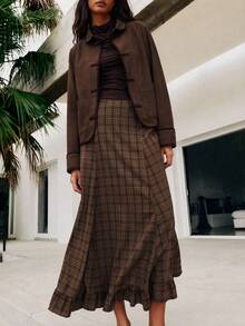 Nöista Brown Plaid Maxi Skirt With Ruffle Details. Occasionwear, Romantic, Chic Style. Elegant Boho - Brown - View 7