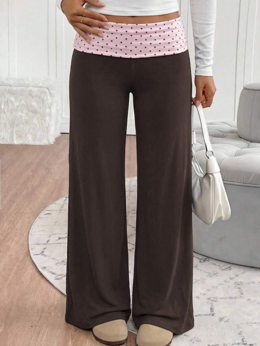 Teen Girl High Waist Color Block Polka Dot Patchwork Casual Loose Long Pants - Brown - View 1