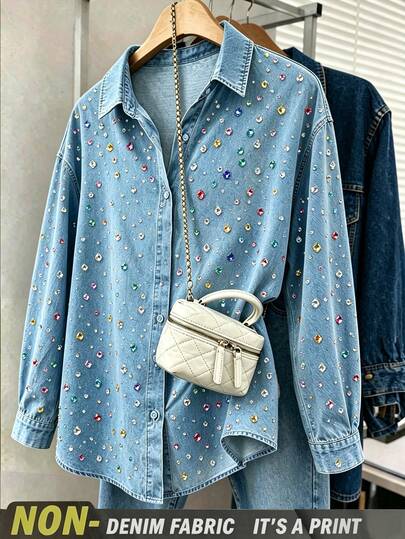 SHEIN Franclia Women's Fashion Denim Effect Print Long Sleeve Single-Breasted Shirt