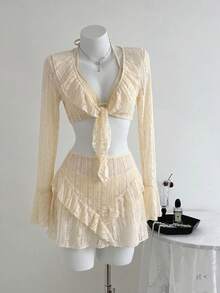SHEIN Swim Mod 2022春夏度假沙滩四件套：可爱提花米色配套和服罩衫、半身裙和泳衣 - 米色 - 查看 1