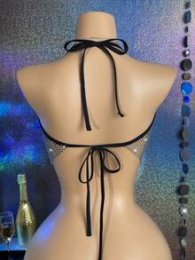 MidnightGlam Sujetador tipo cami con superposición de red de malla con strass para ropa de fiesta de vacaciones, lencería sexy para mujeres, luna de miel, caliente, noche de cita, lencería sexy de encaje, atuendo sexy - Negro - Ver 2