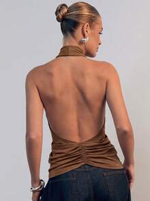 Hauture Asymmetrical Design Sleeveless Halter Neck Top - Brown - View 2