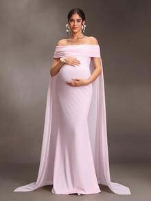Cheriluna Maternity Maternity Off-Shoulder Solid Color Fashion Photography Dress - Pink - View 1