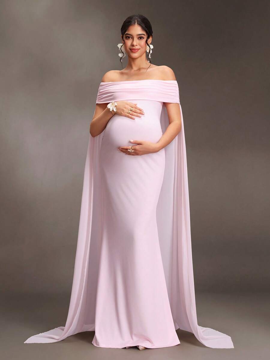 Cheriluna Maternity Maternity Off-Shoulder Solid Color Fashion Photography Dress - Pink - View 1