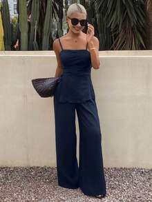 DAZY Women's Solid Color Pleated Camisole Top And Wide Leg Pants Casual Daily 2 Pieces Set Summer Vacation - Navy Blue - View 2