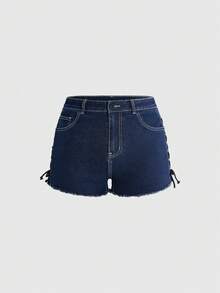 ROMWE Dark Gothic Forest Moth Embroidered Pocket Pattern Drawstring Design Plus Size Mini Super Short Denim Shorts - Blue - View 2