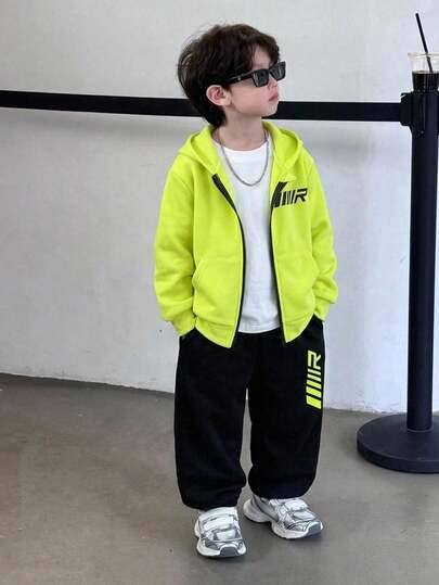 SHEIN Young Boys Winter Warm Active Tracksuit With Bright Green Zipper Hoodie And Black Sweatpants Fall