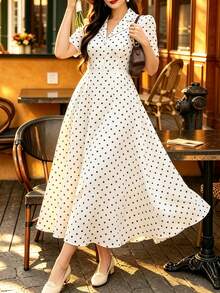 Auvina Plus Size Polka Dot Regular Shoulder Short Sleeve Elegant Summer Casual Dress - Apricot - View 6