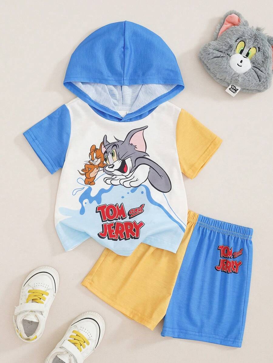 TOM & JERRY X SHEIN Baby Boy Letter Cartoon Print Hooded Short Sleeve T-Shirt And Shorts Casual Daily Outfit - Multicolor - View 1
