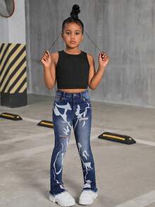 SHEIN Tween Girl Y2K Fashion Stonewashed High Waist Ripped Denim Long Jeans With Art Prints, Tween Girl Back To School Streetwear - Medium Wash - View 6
