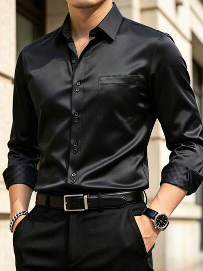 Manfinity Mode Shirt Features A Classic Black Satin Sheen, Perfectly Embodying The Understated