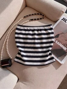 Franclia Women's Metal Sun Decor Striped Bandeau Top - Black and White - View 2