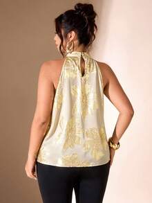 Cravure Women's Plus Size Gold Foil Floral Print Stand Collar Sleeveless Elegant Blouse - Apricot - View 2