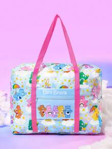 SHEIN X Care Bears 彩虹熊印花可折疊旅行托特包，大容量，行李套筒，輕便適用於旅行/學校，附前口袋 - 藍粉 - 查看 6