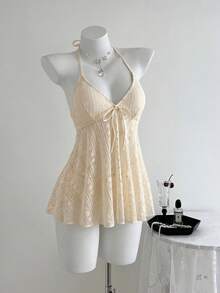 SHEIN Swim Mod فستان شاطئ نسائي مزين بالزهور والدانتيل مع ربطة أمامية وحمالة رقبة مع قطعة بيكيني سفلية للعطلات والصيف - لون مشمشي - مشاهدة 4